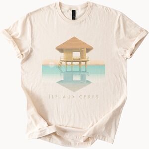 Tropical Paradise Graphic Tee with Charming Overwater Bungalow Design